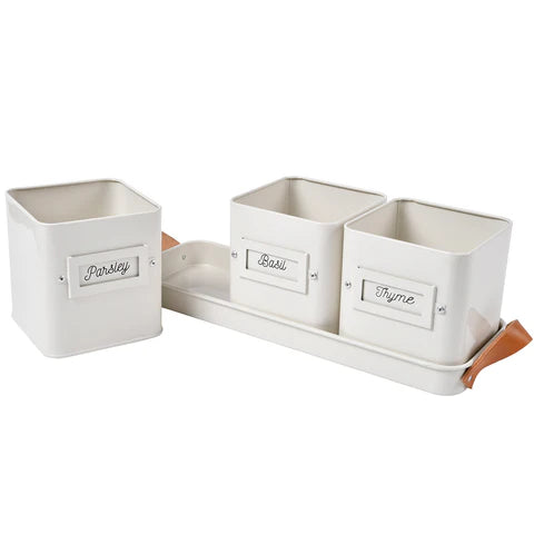Burgon and Ball 3 Herb Pots in a Leather Handled Tray - Stone