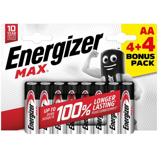 Energizer Max Batteries AA 4 plus 4 bonus pack